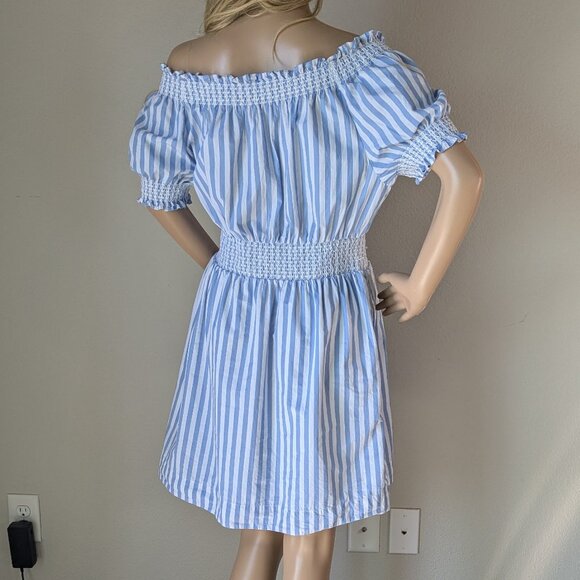 J Crew Mini Dress Women's Medium Blue White Stripe Off-Shoulder Smocked Poplin - Picture 2 of 14